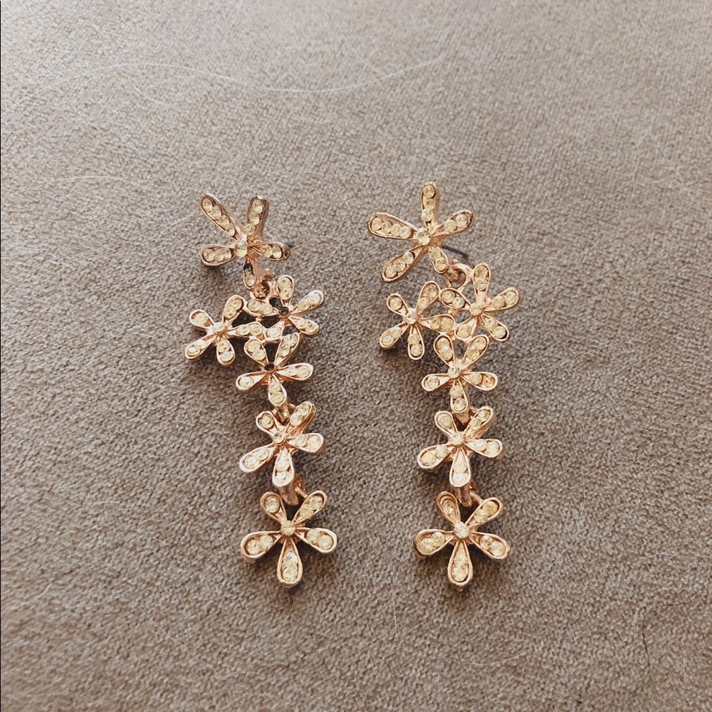 Gold Tone Rhinestones Floral Earrings